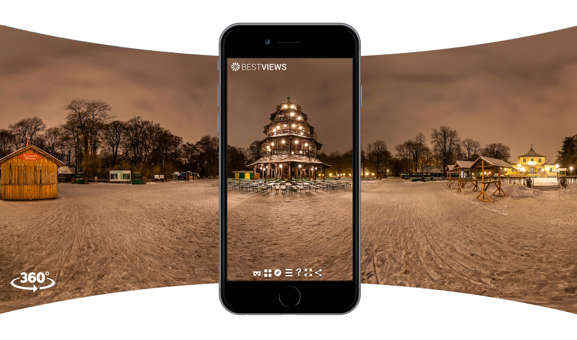 iphone-360-Grad-tour-München-Chinesischer-Turm virtuelles 360 Grad Panorama vom Chinesischen Turm bei Schnee mit dem Smartphone live erleben